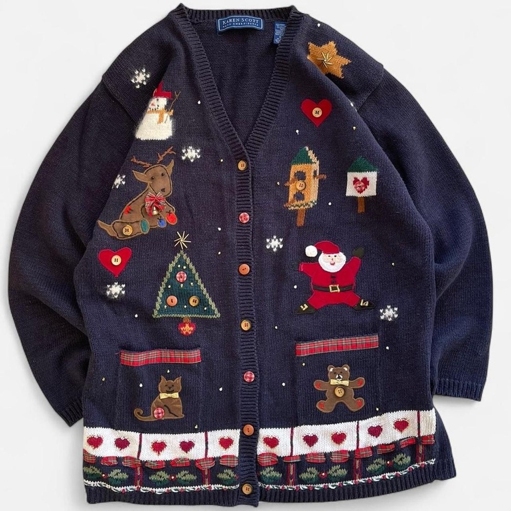Vintage Karen Scott Navy Knit Embroidered Christmas Santa Snowman Cardigan